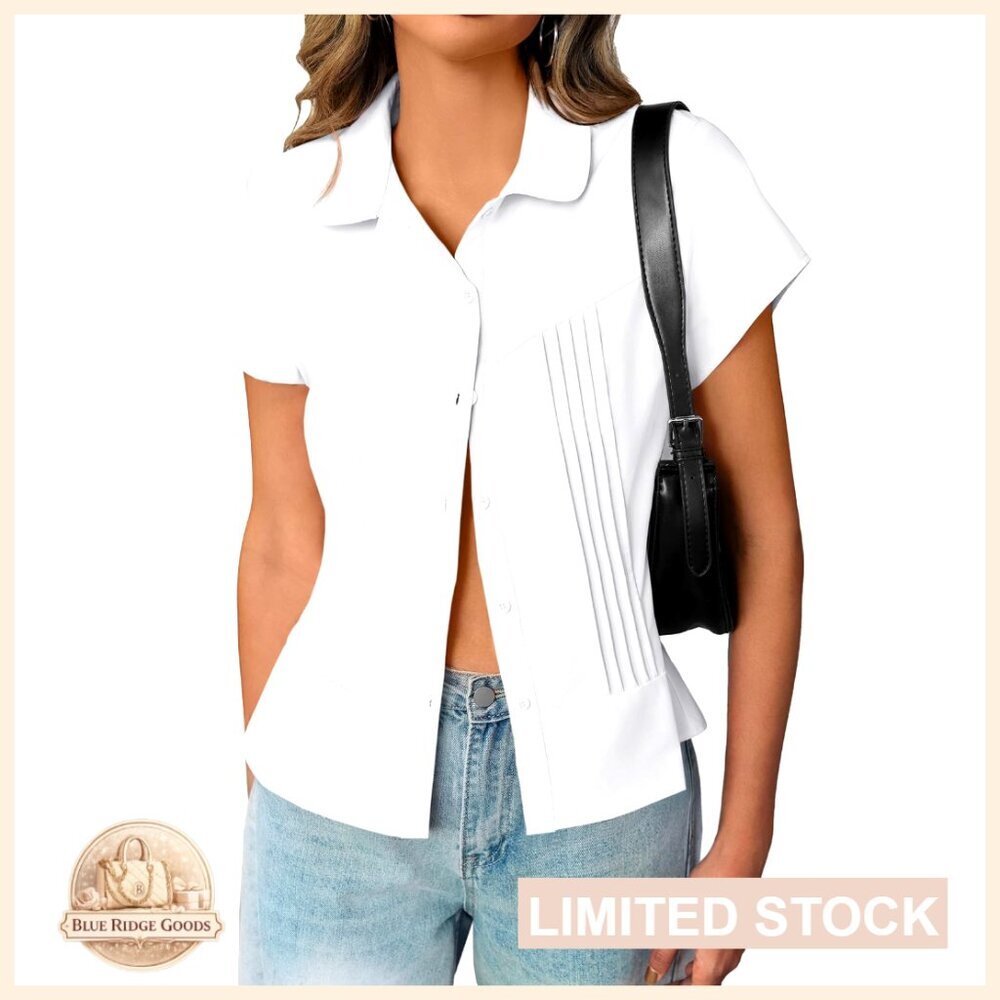 Pleated Slim Fit Button Down Shirt Chic Elegant Summer Blouse Dressy Casual